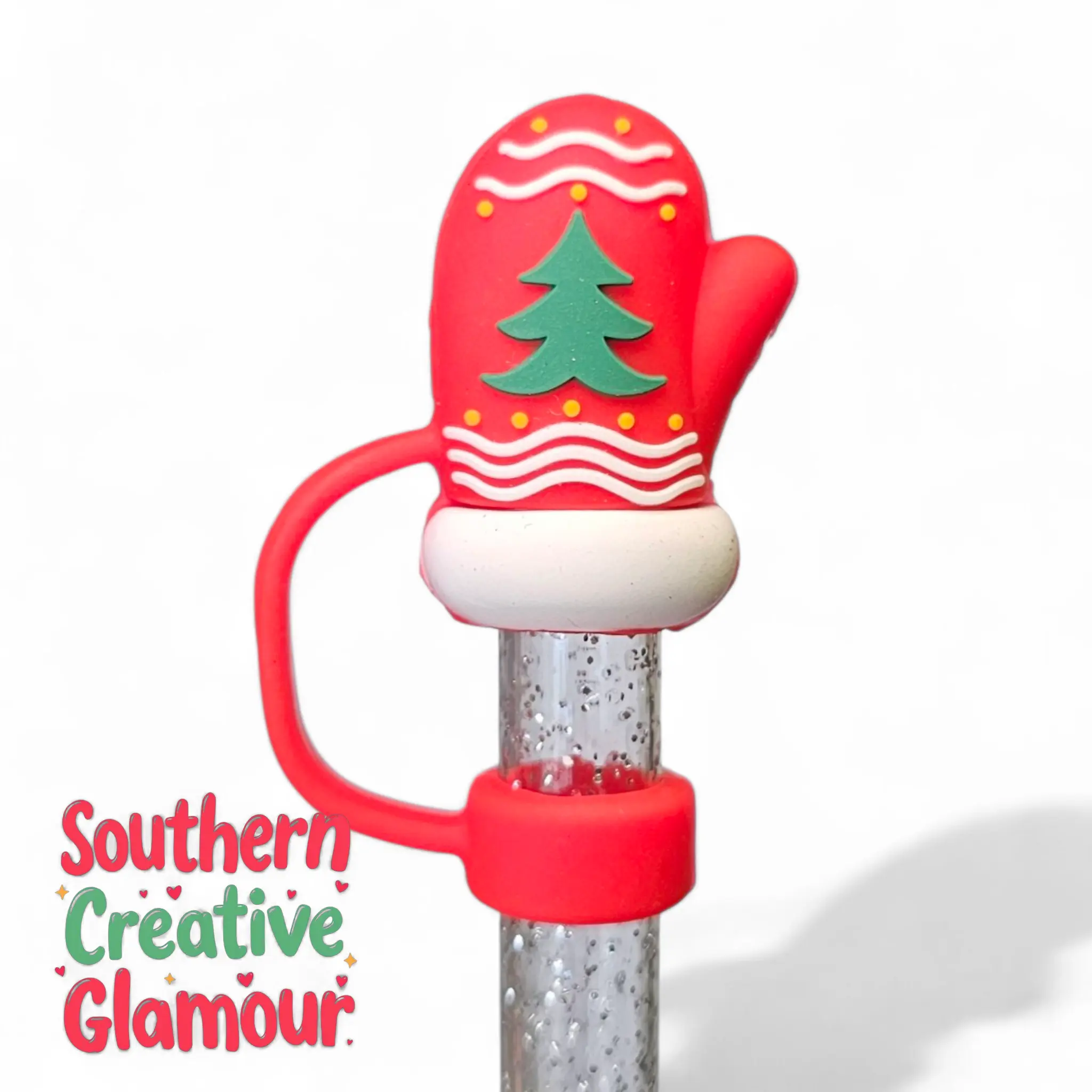 Red Festive Christmas Mitten Silicone 10mm Straw Topper