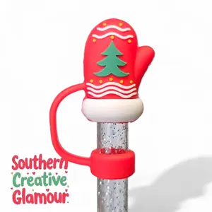 Red Festive Christmas Mitten Silicone 10mm Straw Topper