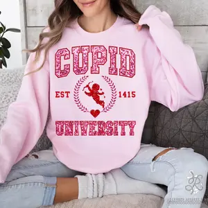 Cupid University Valentines Crewneck Printed Sweatshirt Fake Sequins