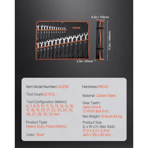 VEVOR Combination Wrench Set, 25-Piece Open End Wrench Set with Roll-up Pouch, Carbon Steel Wrench Set Metric 6 mm to 32 mm, Ideal for General Household, Garage, Workshop, Auto Repairs, Emergency