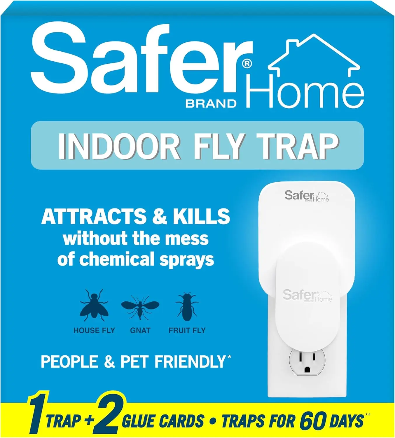 Safer Home Plug-In Indoor Flying Insect Trap (SH502), 1-Pack Chemical-Free 24/7 Catcher for Fruit Flies, Moths, Gnats, Includes 1 Trap + 2 Glue Cards