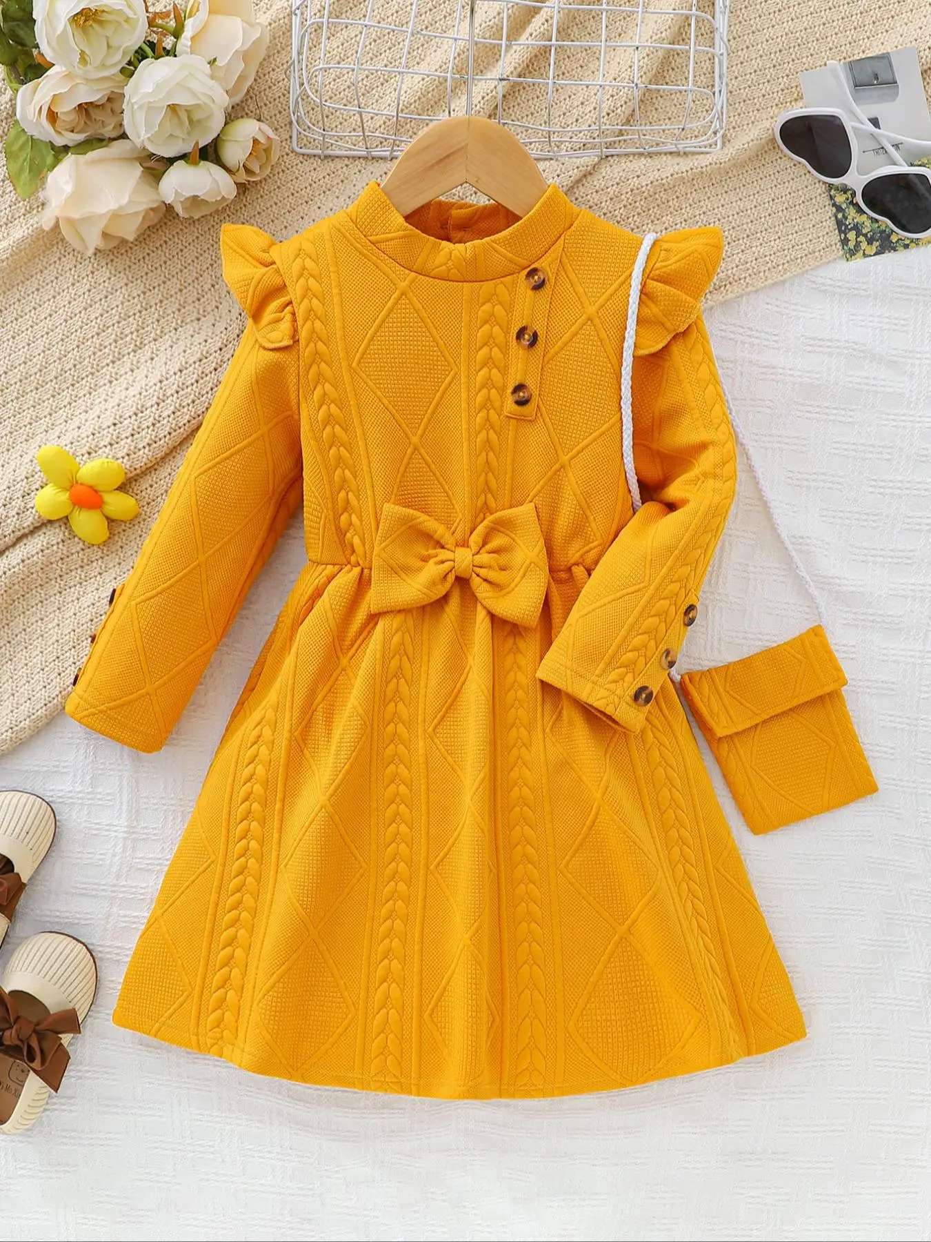 Toddler Girl's Solid Bow Decor Layered Sleeve Mock Neck Dress with Bag, Casual Ruffle Long Sleeve A Line Dress for Spring & Fall, Kids Clothes for Dai