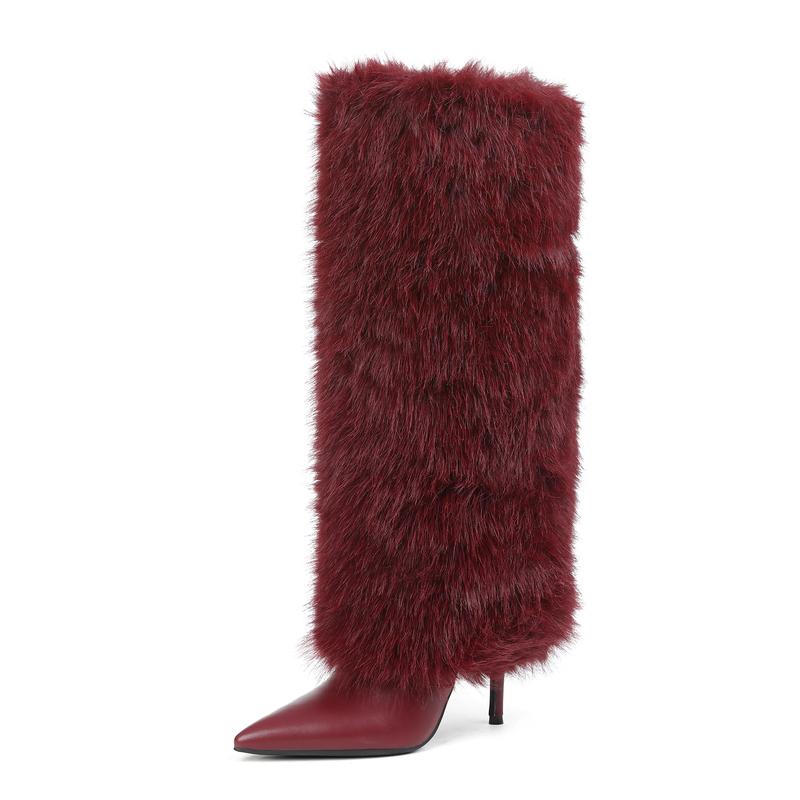 Womens Faux Fur Boots Winter Boots Knee High Boot Pointed Toe Stiletto High Heels Side Zipper Long Tall Wide Calf Pull On Comfy Christmas Party Elegant Nightclub Outdoor Fall Autumn Flurry Fuzzy Booties Fashion Shoes