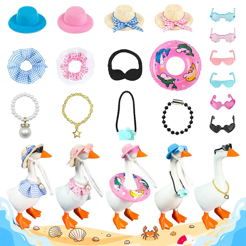 7-Inch Polyester Desk Goose Outfits Set (18 Pcs) - Unisex Mini Clothes, Hats, Sunglasses, Bikini, Swimming Ring, Dresses, Summer Vacation Accessories for Magnetic Desktop Goose Key Holder Decor, Quirky Funny Humor Home Office Gift
