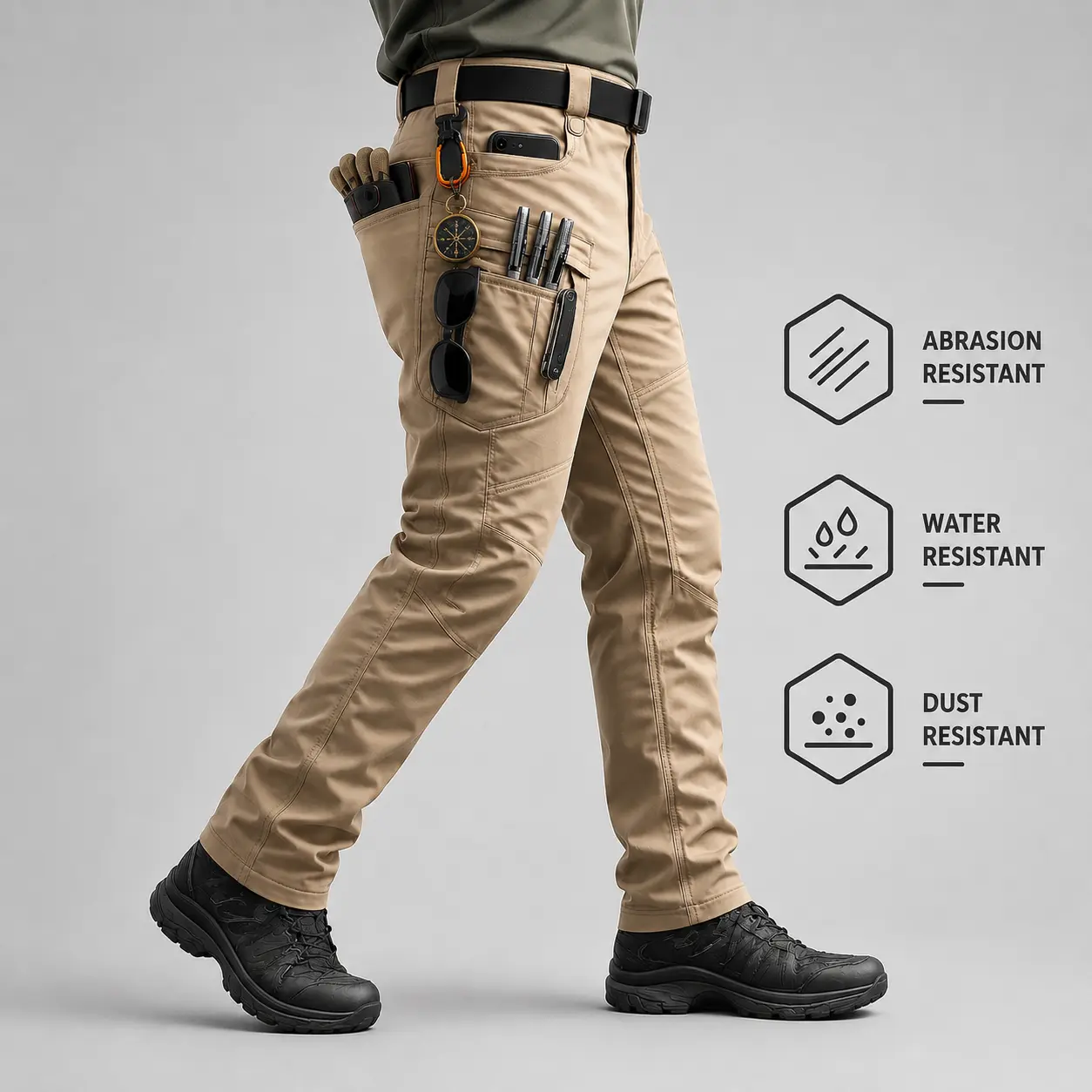 Men’s tactical pants, checkered waterproof fabric, hardshell tactical pants, single pack, durable cargo pants suitable for hiking, casual wear, and work, multi-pocket design (no belt).