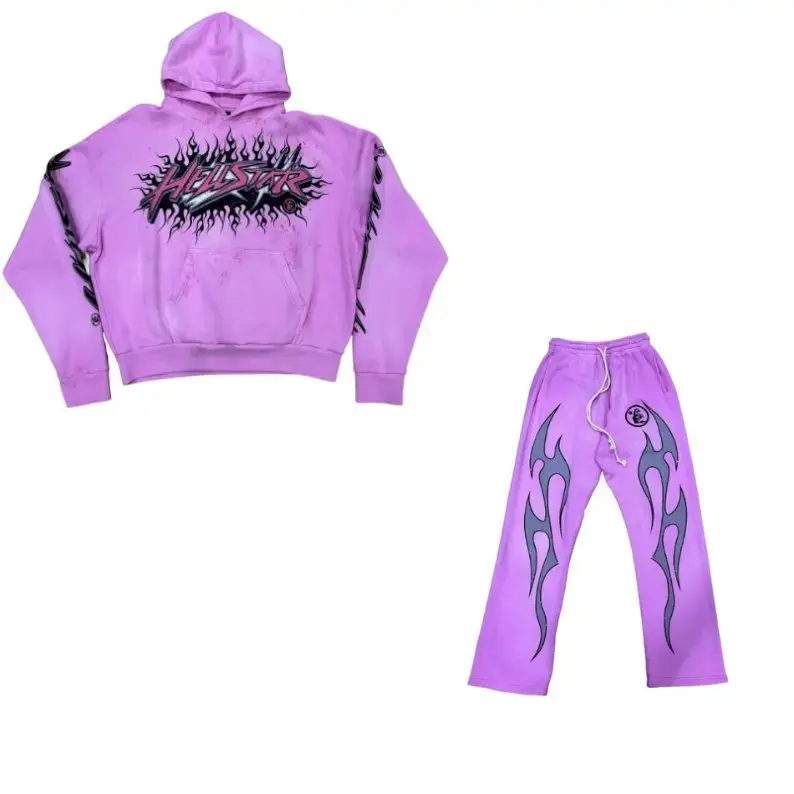 Hellstar Brainwashed Without Brain Hoodie & Flame Sweatpants – Oversized Y2K Graphic Tracksuit, Gothic Hip Hop Streetwear Outfit, Unisex 2-Piece Hoodie Jogger Set