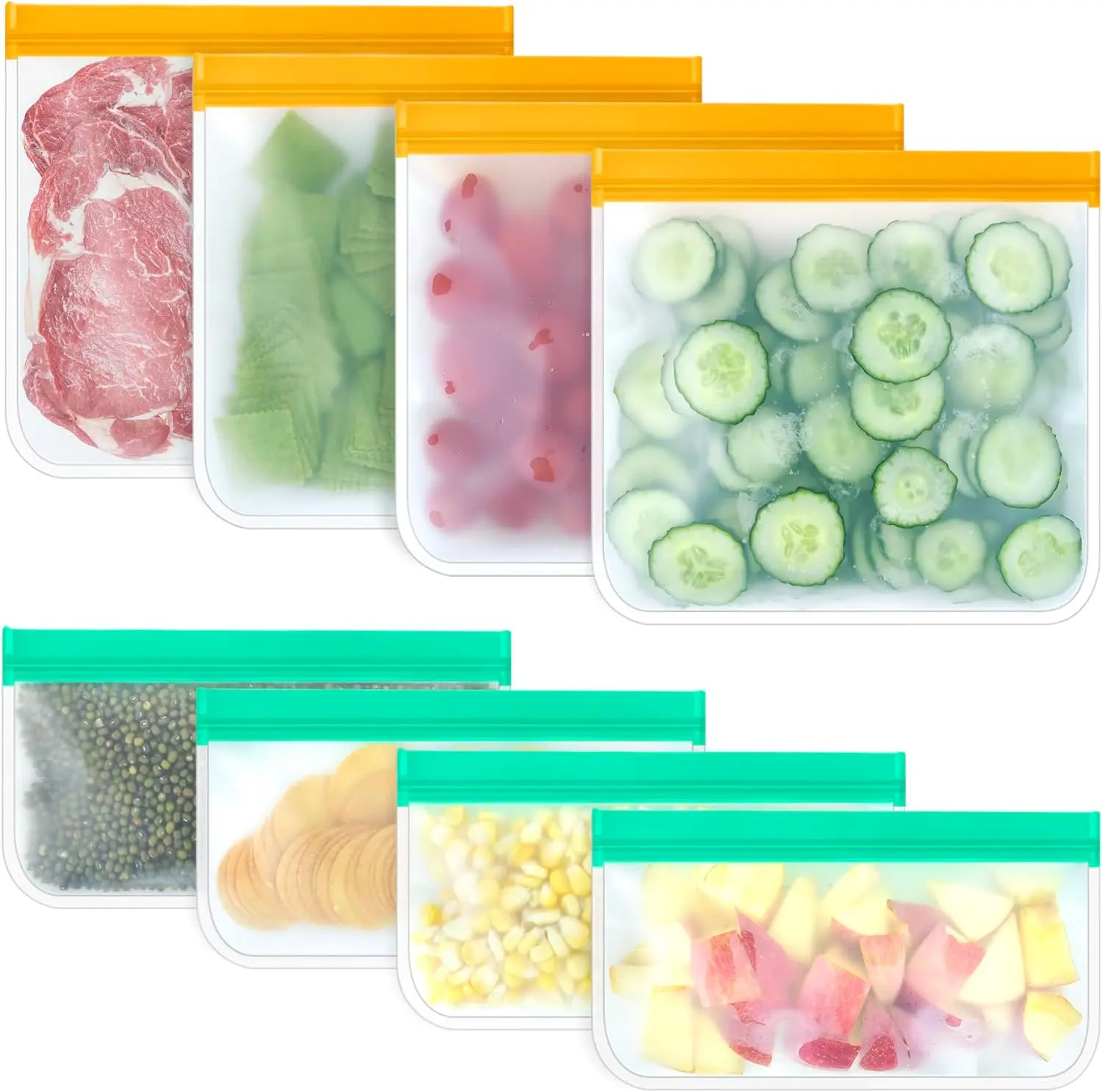 Silicone Bags Reusable Storage Freezer Bags, Silicone Ziplock Bags 4 Reusable Sandwich Bags+4 Reusable Snack Bags, Leakproof Reusable Food Storage Bags Containers for Travel Picnic Home Use