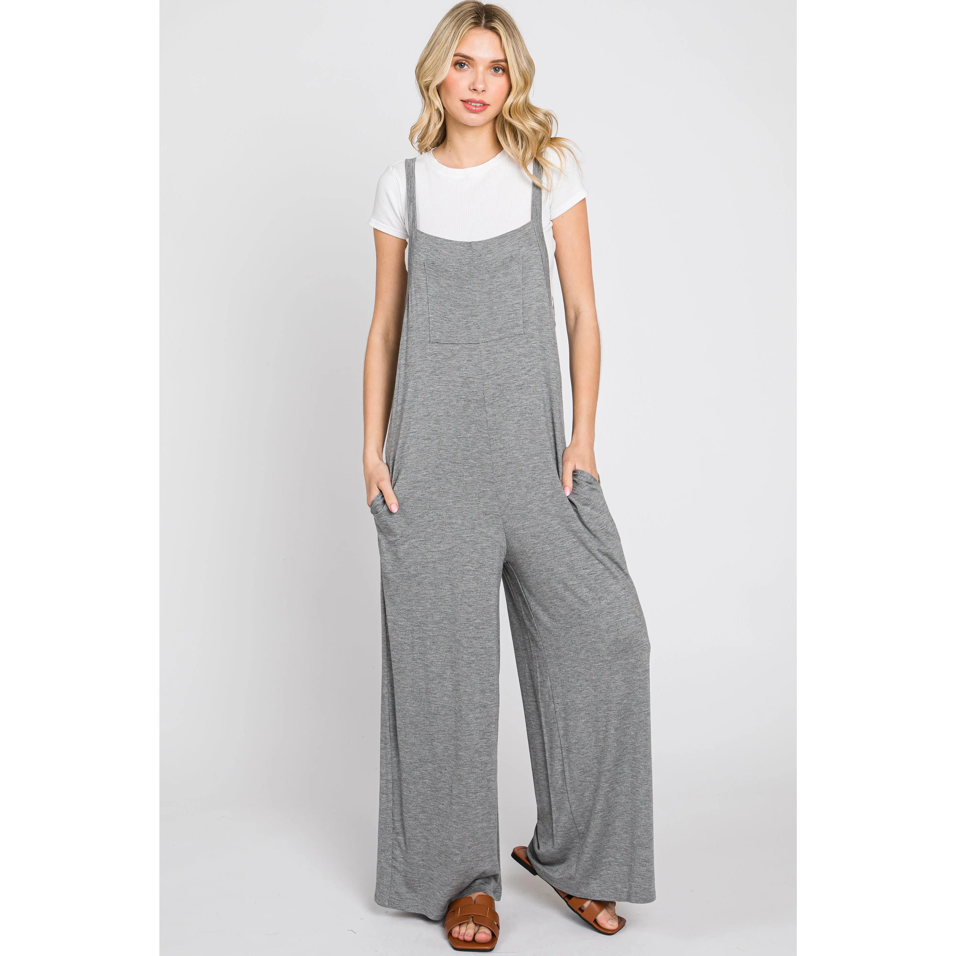 Women's Heather Grey Basic Casual Sleeveless Pocketed Full-Length Wide-Leg Overalls Jumpsuit