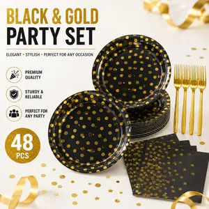 48PCS Black and Gold Plates and Napkins Party Supplies, Gold Dot Disposable Paper Plates, Napkins and Forks Tableware Set for 16 Guests, Elegant Birthday, Wedding, Retirement, Graduation Party Decorations and Celebration Dinnerware