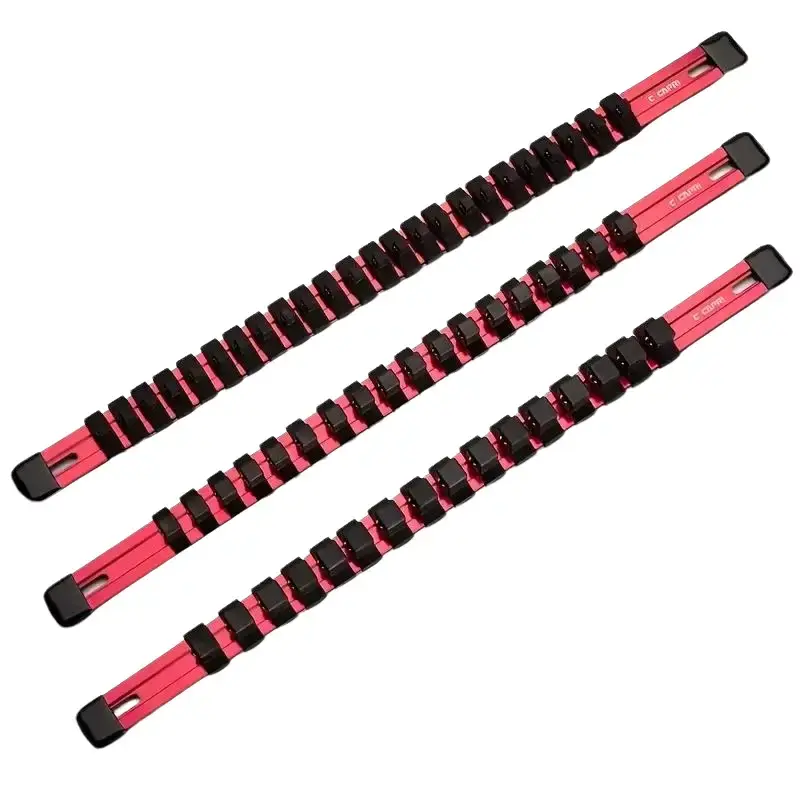 Tool Socket Organizer Set, 3-Piece Red Socket Storage Kit, 1/2-inch, 3/8-inch, and 1/4-inch Drives—Holds 58 chrome-plated or impact sockets, rail-style storage rack designed specifically for mechanics—Professional-grade metric or SAE socket storage rack