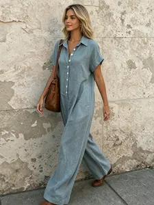 A lady's fashion French lazy-fit jumpsuit with a loose button-up design, featuring slimming wide-leg style. Perfect for summer, suitable for light social occasions, afternoon tea, vacation trips, commuting, and at-home wear.