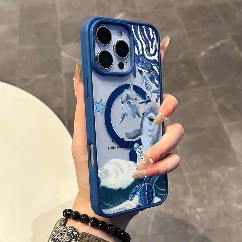 Magnetic Coquette Case for iPhone 17 16 E Pro Max 15 Plus 14 13 12 11 XS XR, Pastel 222 Dolphin & Turtle Ocean Art Design | Shockproof, Girly, Stylish, Silicone, and Trendy Protection
