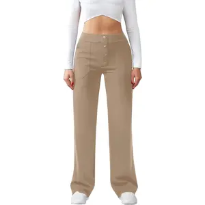 Womens Casual High Waist Straight Leg Pants Stretchy Button Business Dress Work Pocket TrousersGift