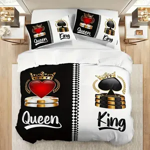 King & Queen Poker Print Bedding Set (1 Fitted Sheet + 2 Pillowcases), Cool Casino Style, Soft Comfort, Master Bedroom Decor