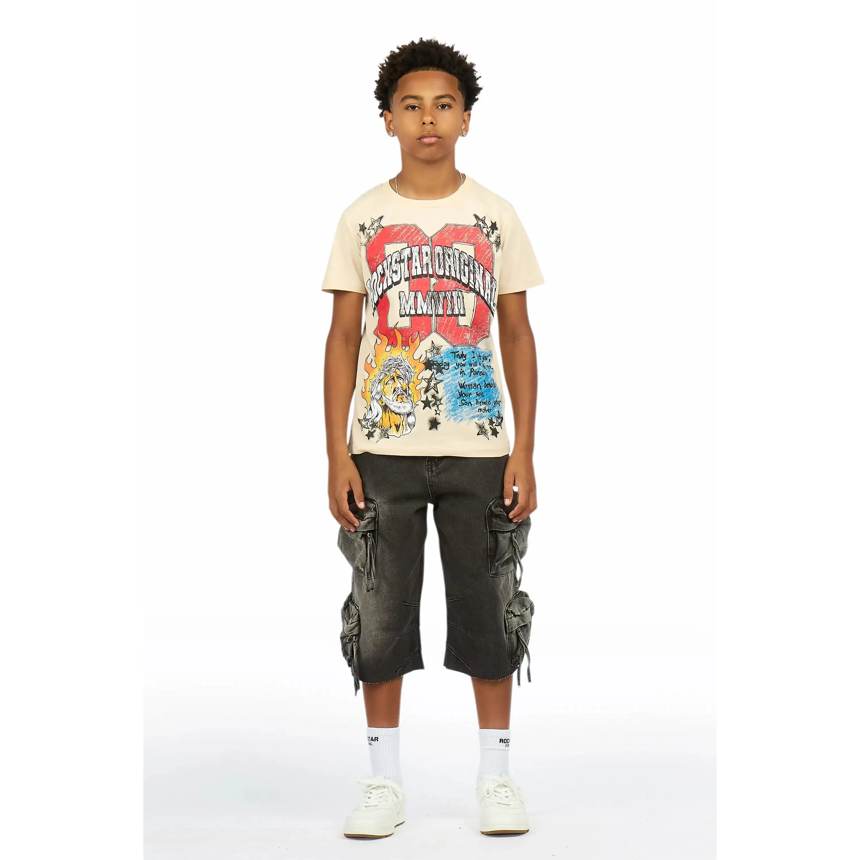 Boys Jesus Crayon Sand/Black T-Shirt/Denim Jort Set