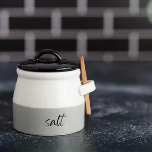 Salt Cellar with Lid and Spoon 10 oz - Handmade Ceramic Salt Keeper with 1.75 inch Lid and 3 inch Bamboo Spoon - Stylish Salt Container for Kitchen Decor