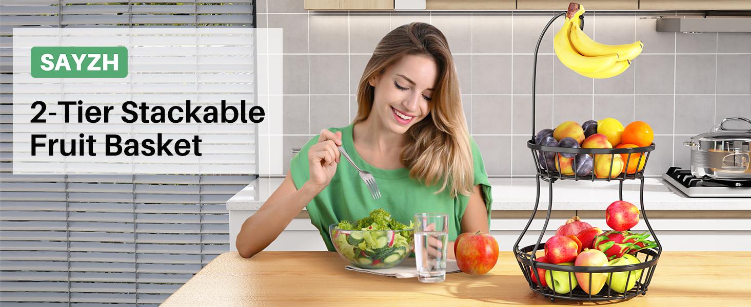 2-Tier Fruit Basket Bowl Stackable Vegetable Storage with Banana Tree Hanger Stand for Kitchen Countertop, Metal Wire Basket for Bread Onions Potatoes Black