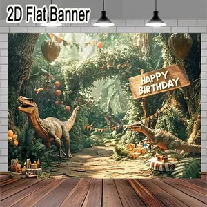 2D flat banner, 1pcDinosaur-Themed Birthday Party Decorations with Realistic Velociraptor Figures, Jungle Forest Atmosphere, Red and White Striped Cake Stand, Orange Balloons and Bunting Flags, Natural Foliage and Happy Birthday Wooden Sign for Adv