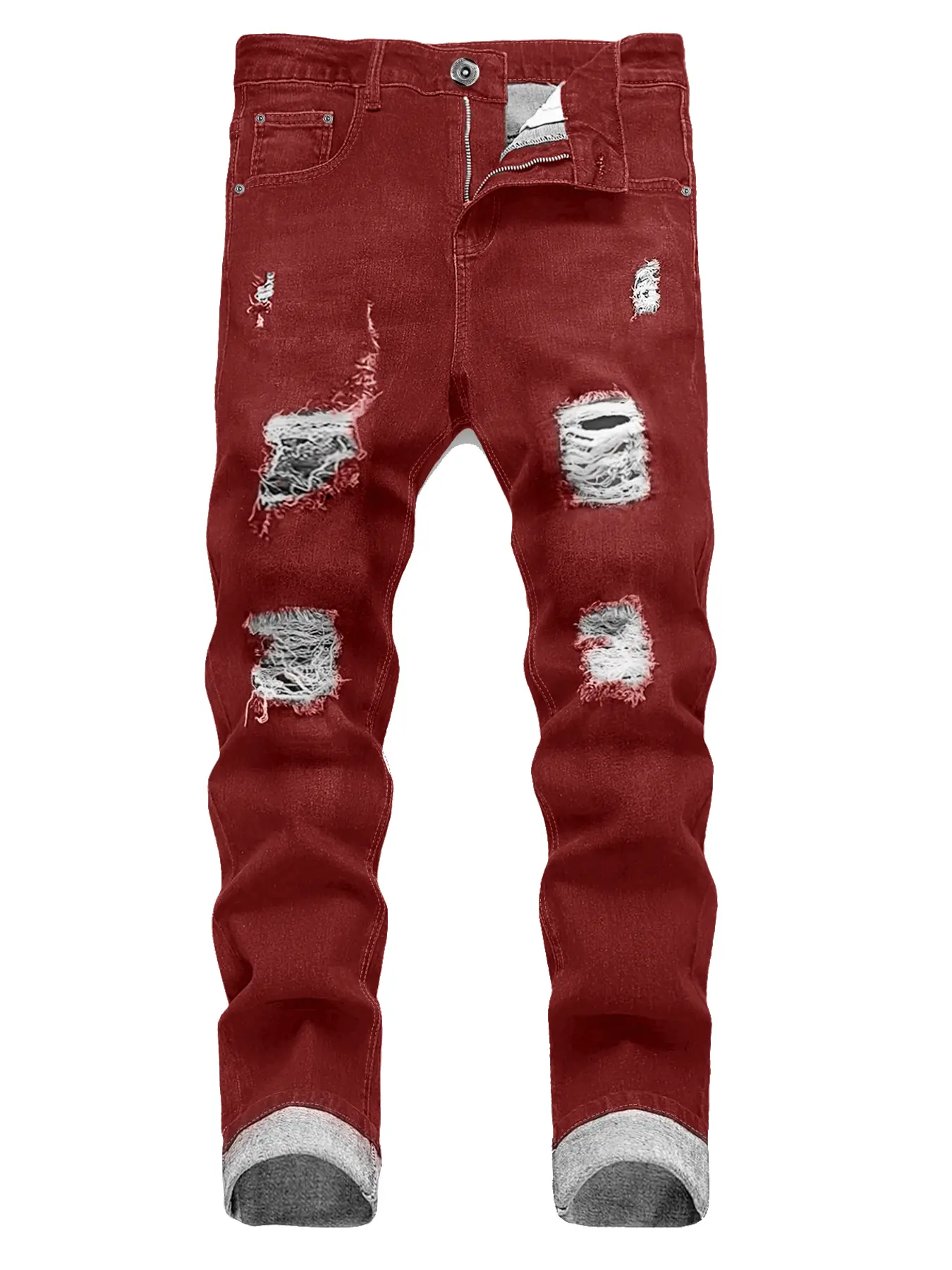 Red Ripped Jeans for Men, Slim Fit Distressed Stretch Denim, Casual Menswear with an Aesthetic Vibe