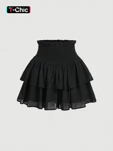 Pure Color Double-Layer Ruffled Summer Short Fitted Skirt, Stylish Women's Fashion Womenswear, Perfect for Casual Wear, Comfortable and Trendy Design