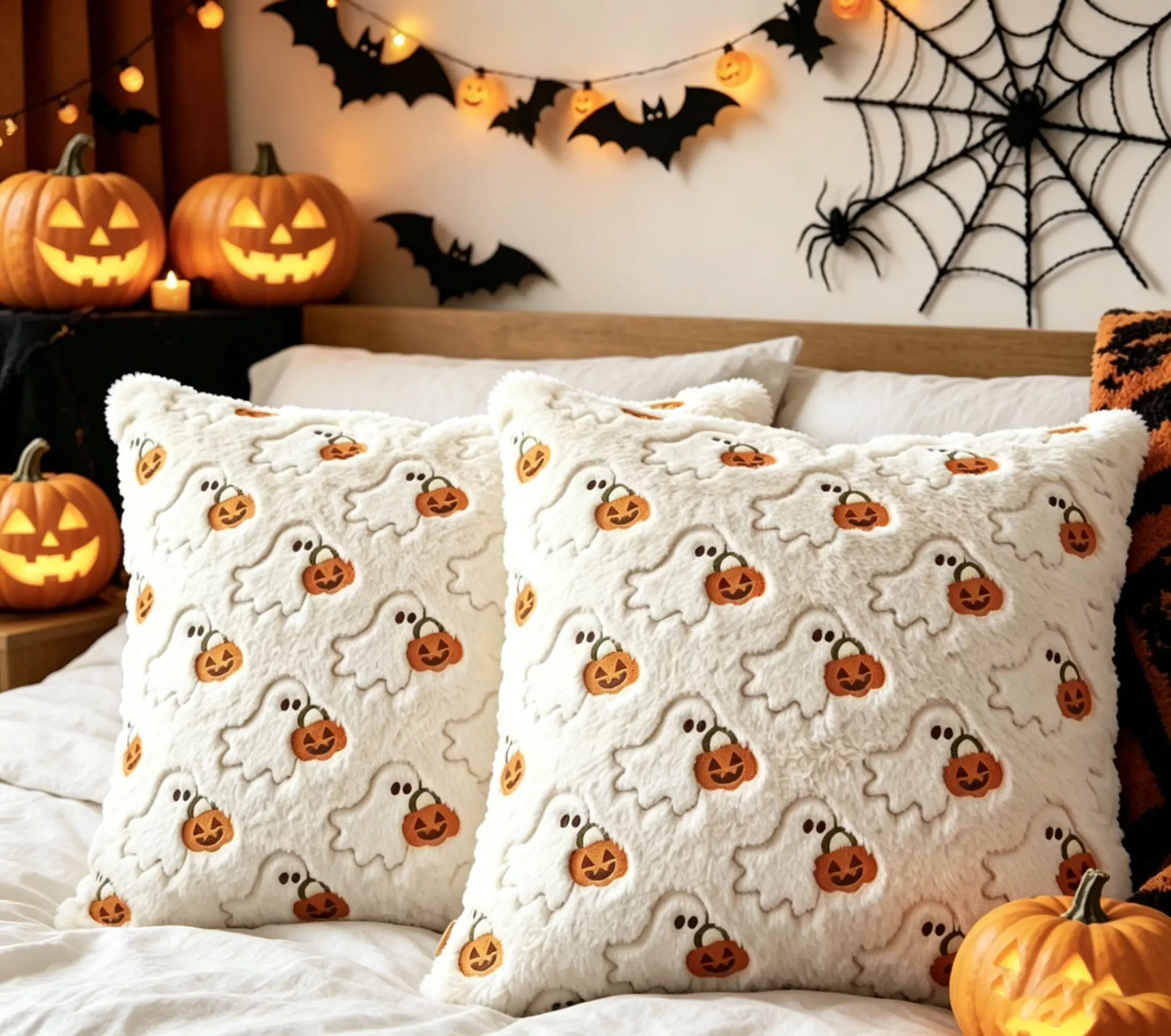 Halloween Aesthetic Soft Faux Wool Cushion & Throw Pillow Slipcovers, 2-Piece Set, 18x18 in Embroidered Pumpkin Pattern, Zigzag Stitch Durable Home Décor for Bedroom, Living Room, White Halloween Room Decor