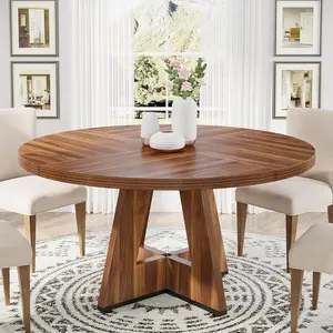 LustreC 47 inch Round Dining Table Wood Kitchen Table for Dining Room 47" Dinner Room Tables for 4-6 Farmhouse Accent Furniture with Wooden Tabletop and Cross Base Rustic Brown