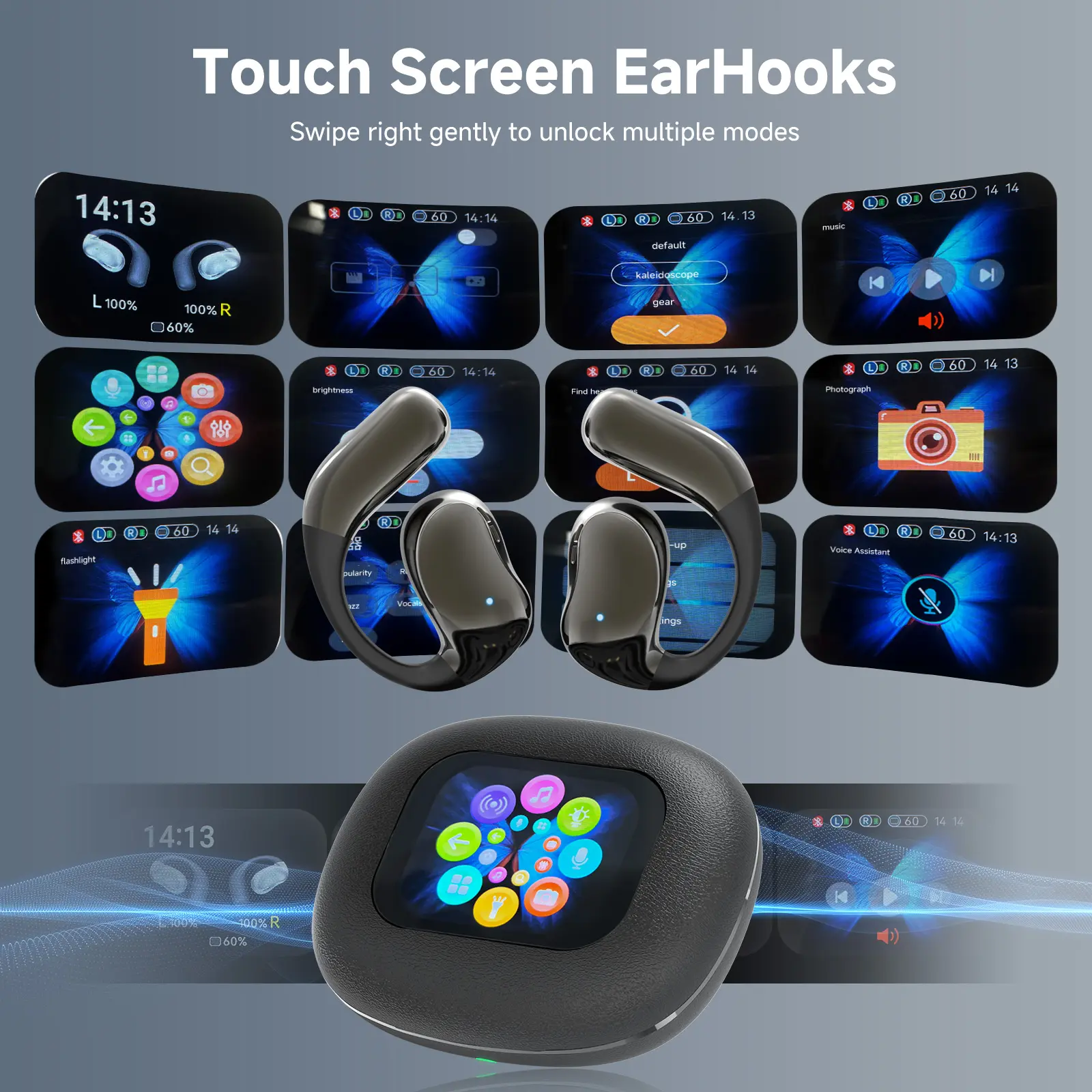 Wireless Bluetooth Pod-Style Open-Ear Earbuds Headset - High-Definition Small Screen, Touch Control, Fast Charge, Rechargeable, HIFI Sound, Lightweight Noise Cancellation, IPX6 Waterproof, Eyeglass-Compatible, Outdoor Use