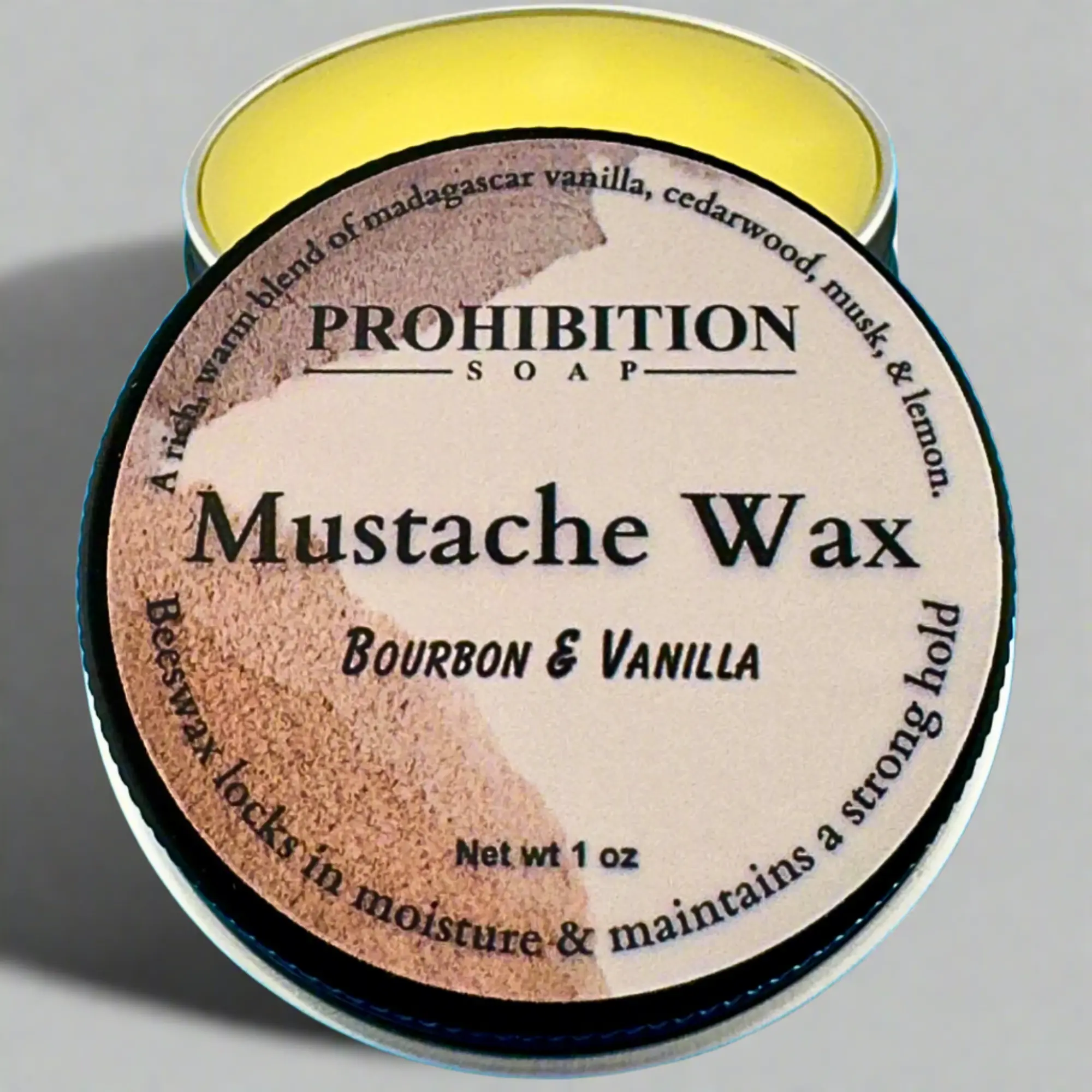 Prohibition Soap Strong Hold Mustache Wax, Moisturizing Formula with Jojoba, Castor & Lemon Oils, Bourbon & Vanilla Scent, 1 oz, Single Item