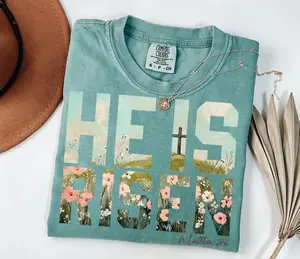 Comfort Colors He Is Risen T-shirt Wildflower Spring Easter Sublimation Shirt Brushstroke T-shirt Aesthetic Boho Dtf Transfers Easter Christian Jesus