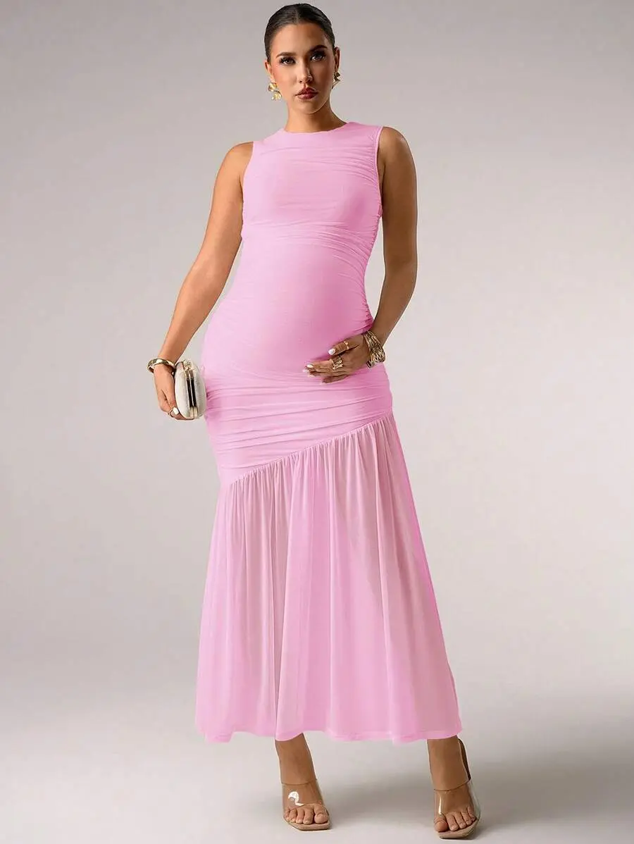 MaterniRIO Elegant Solid Color Ruched Sleeveless Dress Sheer Baby Shower Maternity Dress For Photoshoot Fall