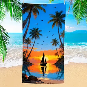 Tropical Sunset Beach Towel Featuring Palm Trees And Sailboat Designs, Large Absorbent Quick-Dry Bath Towel, Perfect for Pools, Beaches, Travel, And Summer Vacation Gifts