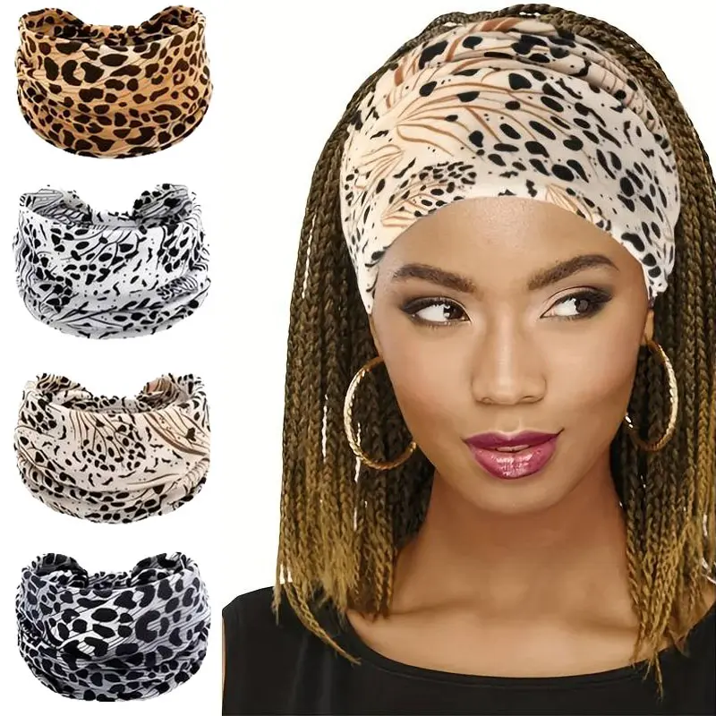 Women's 4pcs Boho Chic Leopard Print Wide Headbands - Elastic Twist Knotted Turban Style with Bow Accent, Polyester Female Hair Accessories for Beach, Casual, Everyday Use in Various Shades