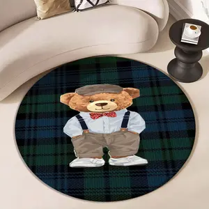 Vintage Cute Bear Theme Round Rug, Vintage Printed Rug, Soft Decorative Mat for Living Room, Cozy Atmosphere, Retro Style Home Decoration
