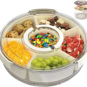 Snackle Box Container Divided Rotating Serving Tray with Lid and Handle, Portable for Fruits Snacks Veggie Charcuterie, Clear Snack Spinner Organizer and Fridge Storage Container for Trave and Picnic