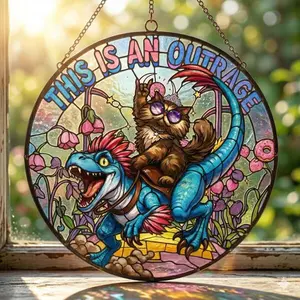 This Is An Outrage Suncatcher, Fantasy Cat Window Hanging, Stained Glass Style Decor for LitRPG Readers, Bookish Home Accent, Gift for Fantasy Fans