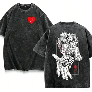 Menswear Round Neck Short-Sleeve Loose-Fitting T-Shirt, Hunter x Hunter Hisoka Morow Jack Of Hearts Poker Card Anime Graphic, Vintage Washed Double-Sided Oversized Grunge Aesthetic Harajuku Streetwear Retro Manga Fan Casual Edgy Unisex Top