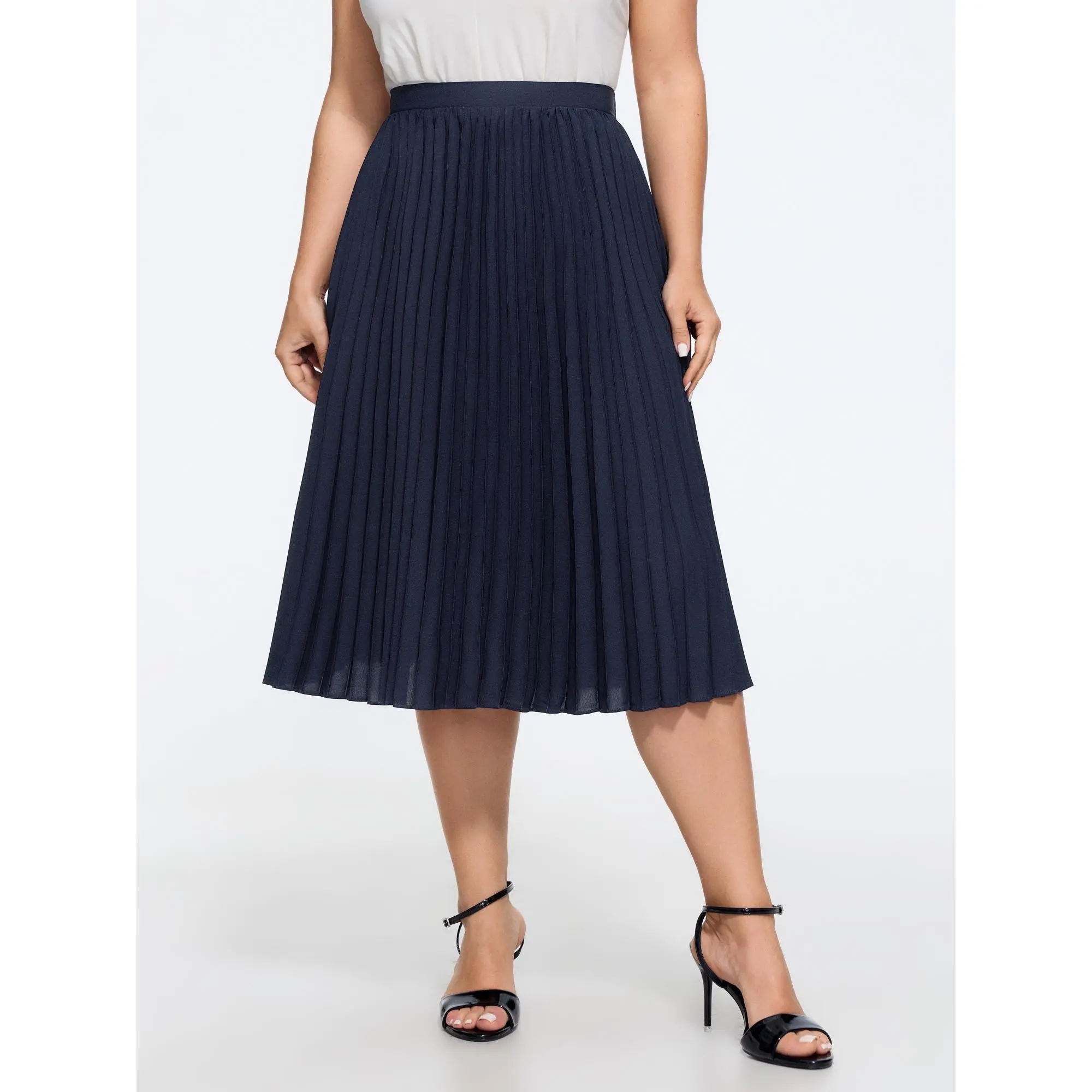 BLOOMCHIC Women's Plus Size Solid Pleated Flowy Polyester Midi Skirt - Smooth Minimalist Fabric Garment [M-6X], Back To School, Fall Pick