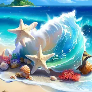 5D DIY Diamond Painting Kit, Starfish Shell Wave Mosaic Canvas Art, Home Wall Decor Gift for Birthday, Anniversary