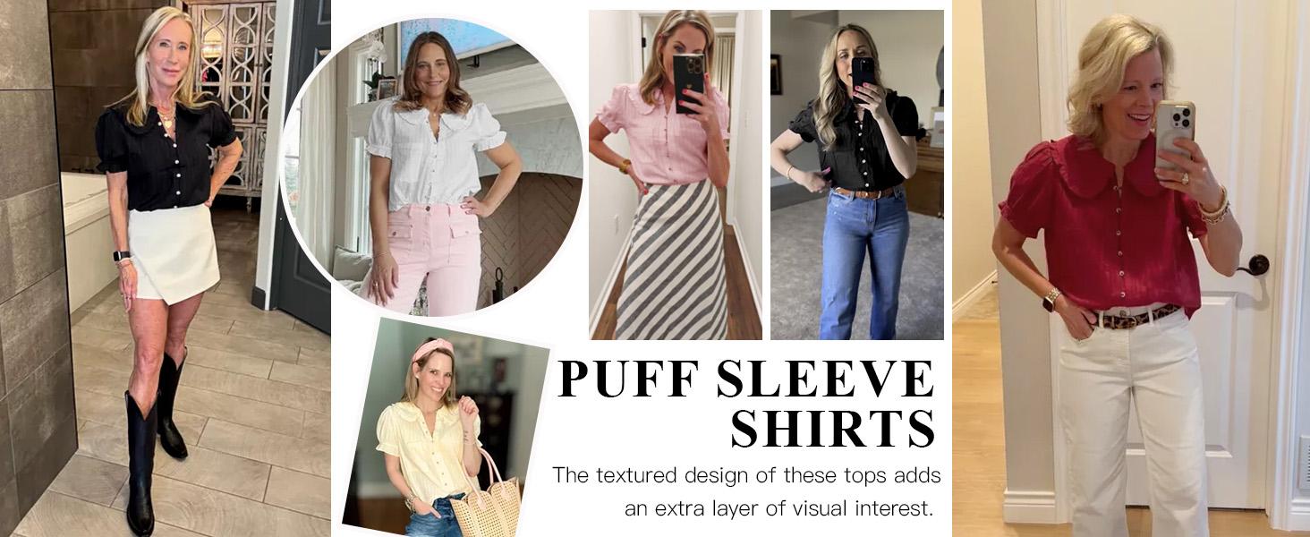 Tankaneo Womens Puff Sleeve Shirts Peter Pan Collar Button Down Cotton Blouse Casual Summer Textured Tops