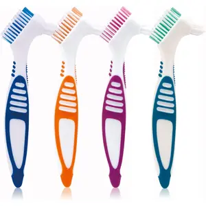 Denture Brush 4 Pieces Small Toothbrush for Dentures Multi-Layered Bristles Ergonomic Rubber Handle for False Teeth Cleaning