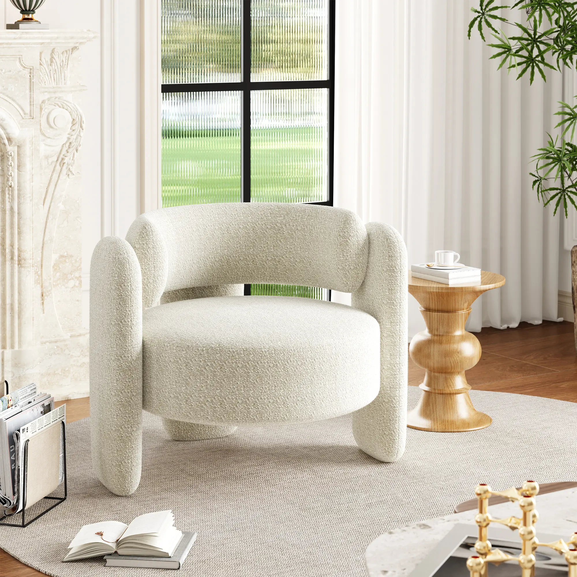 Modern Chenille Mid‑Century Accent Armchair Upholstery 3-Leg Design, Round Corners Chair for Living Room, Bedroom, Office, or Cafe