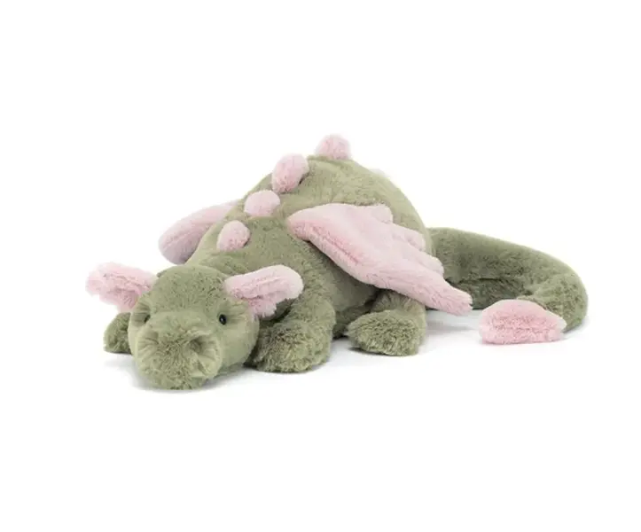 Jellycat Style Dragon Plush 50cm- Cute Sage Green & Pink Stuffed Animal