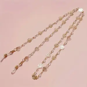 1pc Vintage Rose Golden Glasses Chain with Beaded Design, Elegant Copper Necklace for Secure Eyewear Retention, Transparent Oval Frame, Fashion Accessory for Women