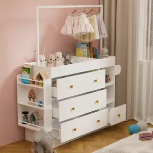 Modern  Table Dresser,Baby Dressing Table with 3 Extra Deep Drawers and Storage Shelves and Hangers, Multi-Functional Baby Changing Table with Drying Rack for Nursery, White