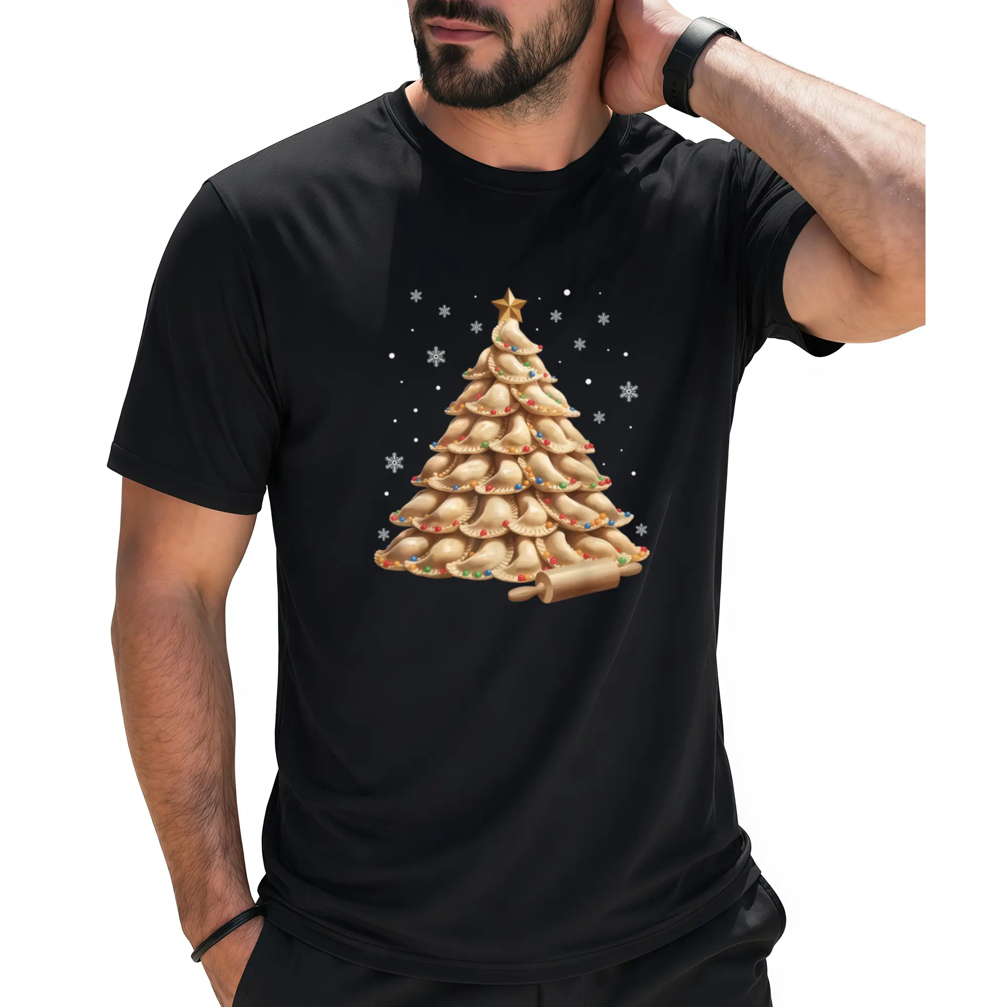 Humorous T-Shirt Featuring a Big & Tall Pierogi Tree, Perfect for Polish Christmas Cuisine. This Unisex Casual Tee Has a Round Neck And Short Sleeves, Showcasing a Festive Dumpling Design. It Offers a Bit of Stretch
