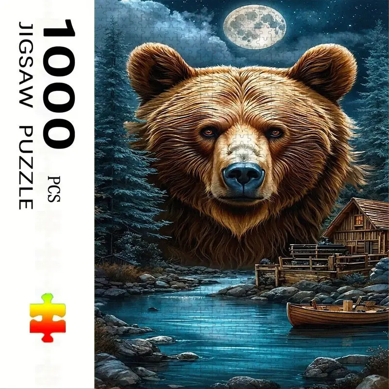 1000 Piece Bear & Forest House Puzzle, Large Adult Family Interactive Toy, DIY Home Decor Brain Challenge, Holiday Scene, Perfect Gift