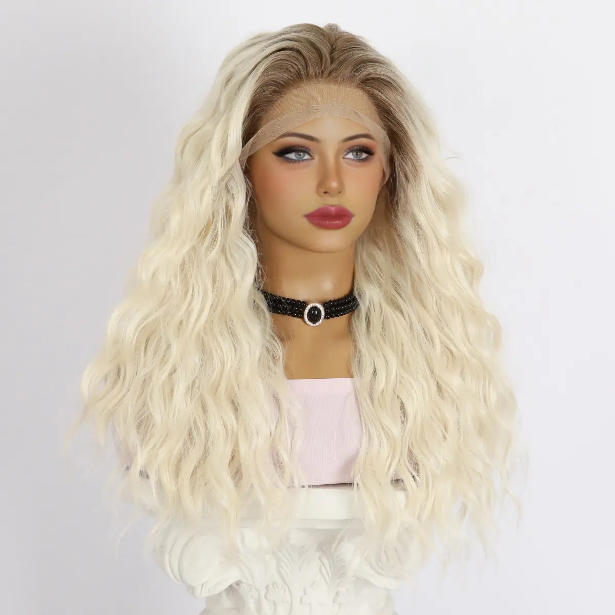 SMILCO/Ombre  PLatinum blonde Hair  | Curly wig  | 24 inch  |Daily Style For Women Hair |13*4 Synthetic Lace Front Wigs/[SM9020]