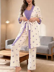 Floral Pajama Set Three-Piece, Tank Top + Robe + Pants, Soft Breathable Sleepwear, Casual Fitted Style, Spring & Fall