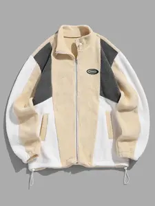 ZAFUL Men's Patchwork Print Drawstring Zip Up Plush Jacket, Loose Casual Patched Long Sleeve Mock Neck Outerwear for Fall & Winter, Men's Clothes for Daily Wear