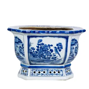 Blue and White Floral Bird Motif Porcelain Octagonal Planter